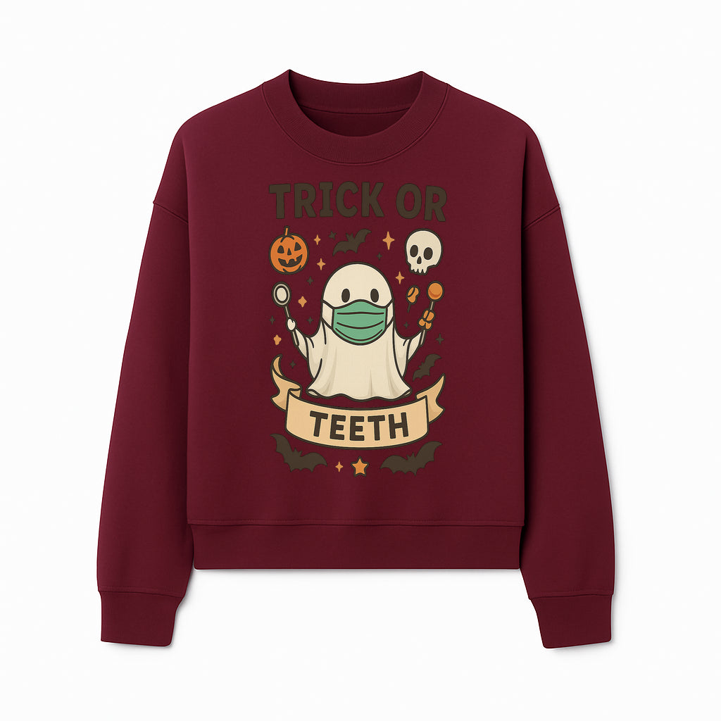 Trick or Teeth Ghost Halloween T-Shirt | Cute Spooky Design | Pumpkin & Skull Graphics | Perfect for Kids and Adults - Sweatshirt 1758250112398.jpg