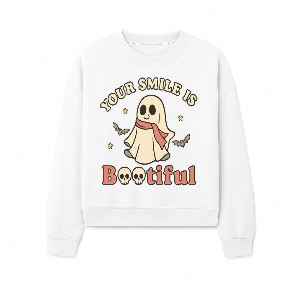 Cute Ghost Your Smile is Bootiful Halloween Design T-Shirt, Spooky Graphic Tee for Kids and Adults, Fun Autumn Apparel - Sweatshirt 1758250112405.jpg