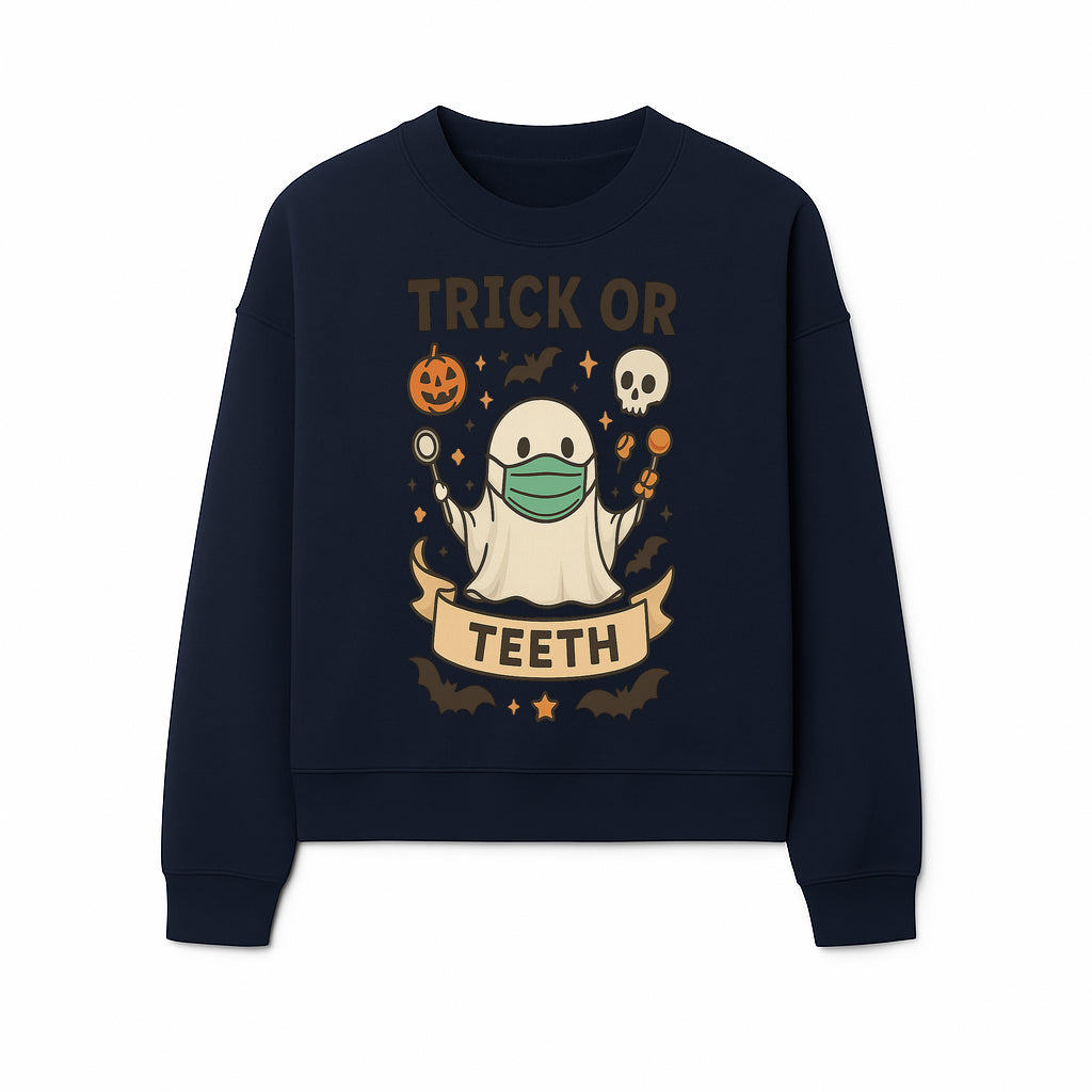 Trick or Teeth Ghost Halloween T-Shirt | Cute Spooky Design | Pumpkin & Skull Graphics | Perfect for Kids and Adults - Sweatshirt 1758250112573.jpg