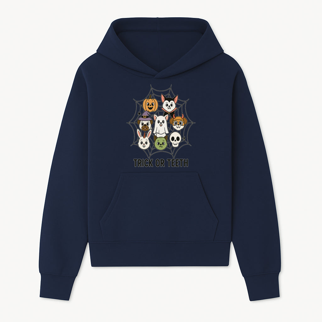 Cute Halloween Pet Characters in Spiderweb - Trick or Teeth Design for Kids' Apparel and Decor - Hoodie 1758250112681.jpg