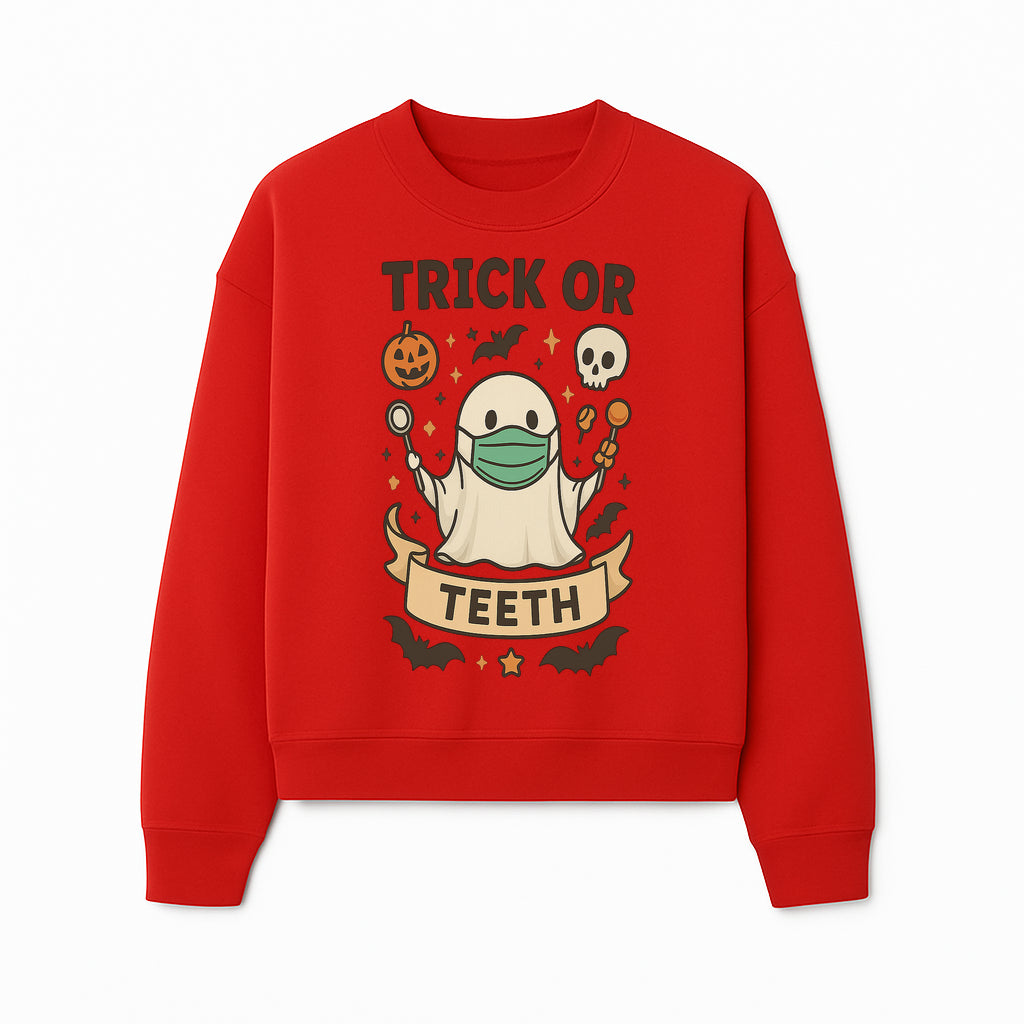 Trick or Teeth Ghost Halloween T-Shirt | Cute Spooky Design | Pumpkin & Skull Graphics | Perfect for Kids and Adults - Sweatshirt 1758250112773.jpg