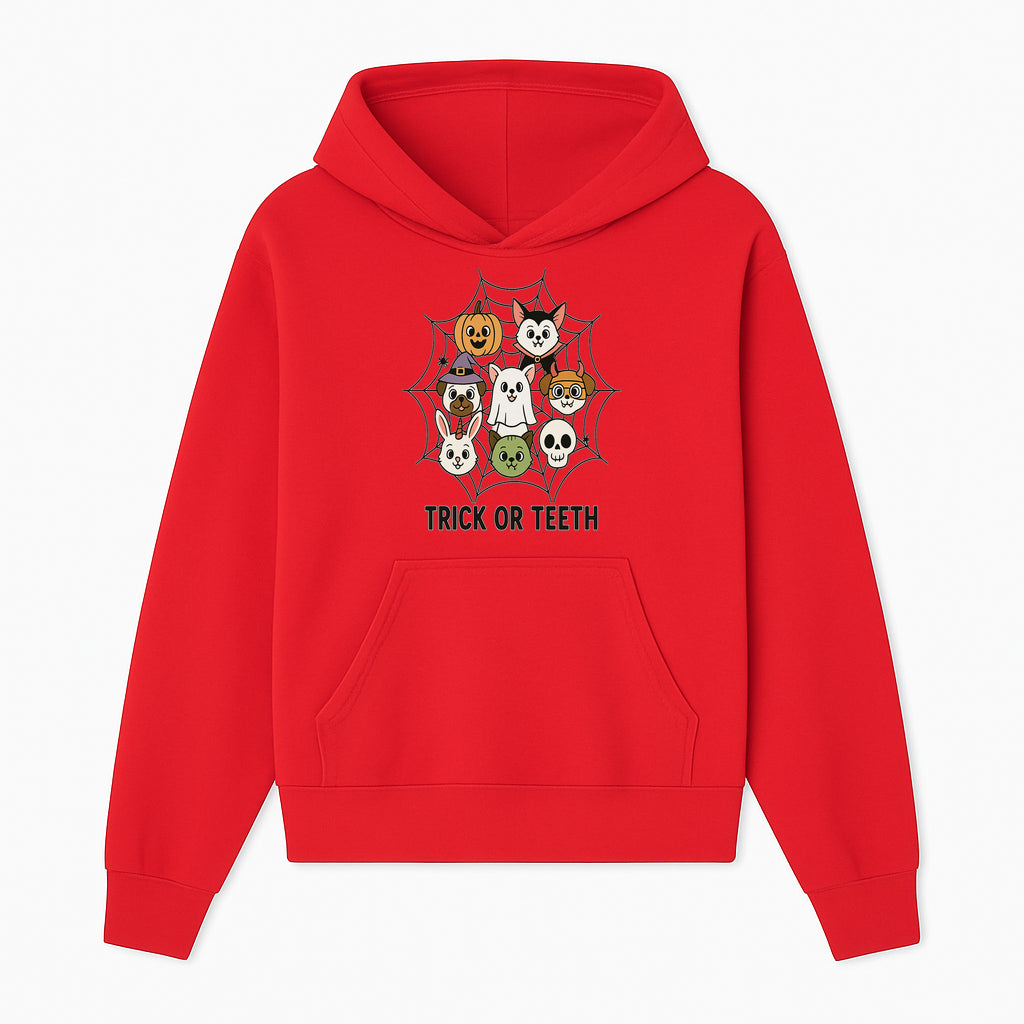 Cute Halloween Pet Characters in Spiderweb - Trick or Teeth Design for Kids' Apparel and Decor - Hoodie 1758250112805.jpg