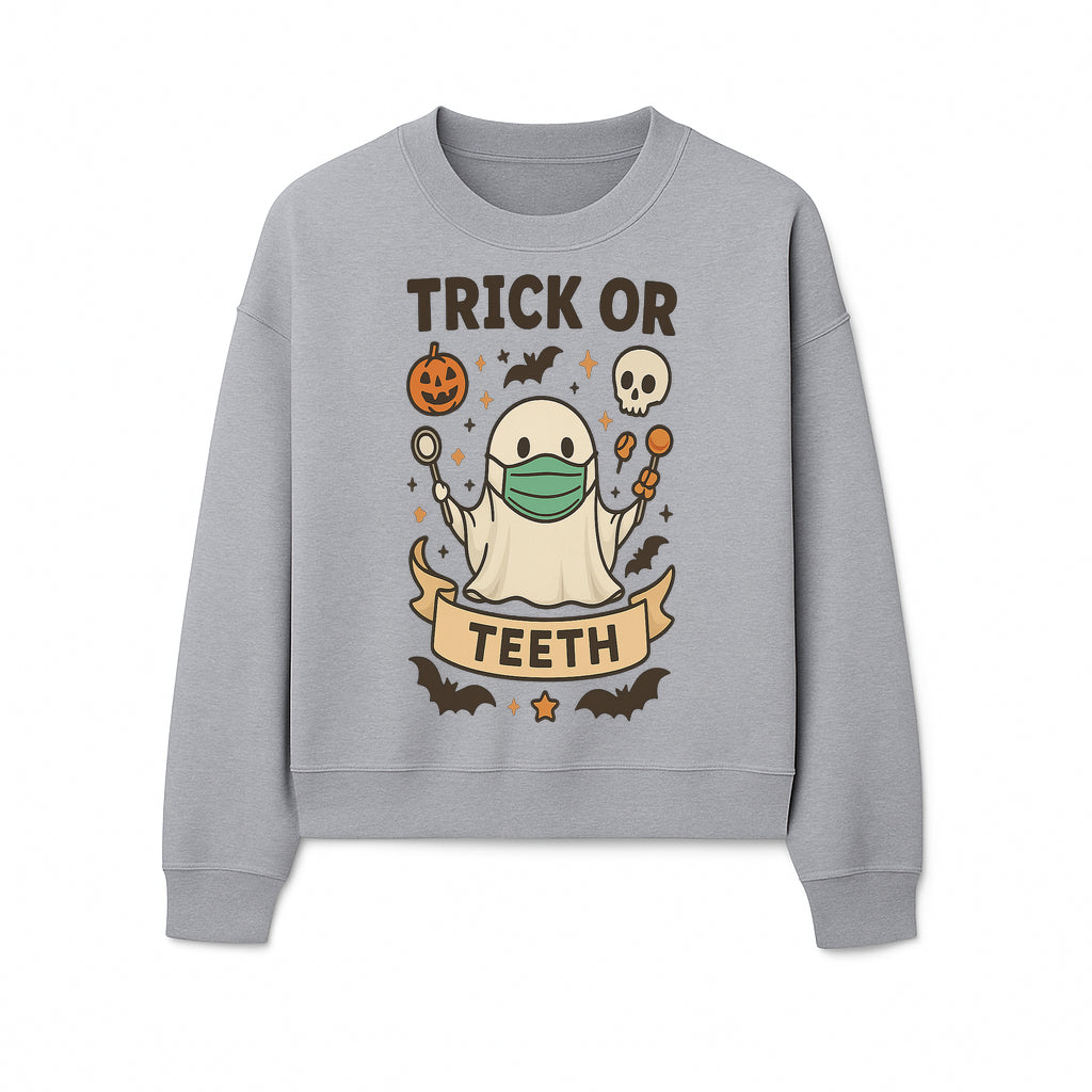 Trick or Teeth Ghost Halloween T-Shirt | Cute Spooky Design | Pumpkin & Skull Graphics | Perfect for Kids and Adults - Sweatshirt 1758250112904.jpg