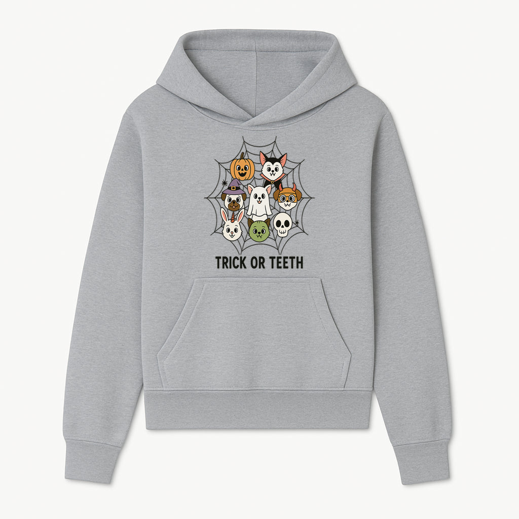 Cute Halloween Pet Characters in Spiderweb - Trick or Teeth Design for Kids' Apparel and Decor - Hoodie 1758250112961.jpg