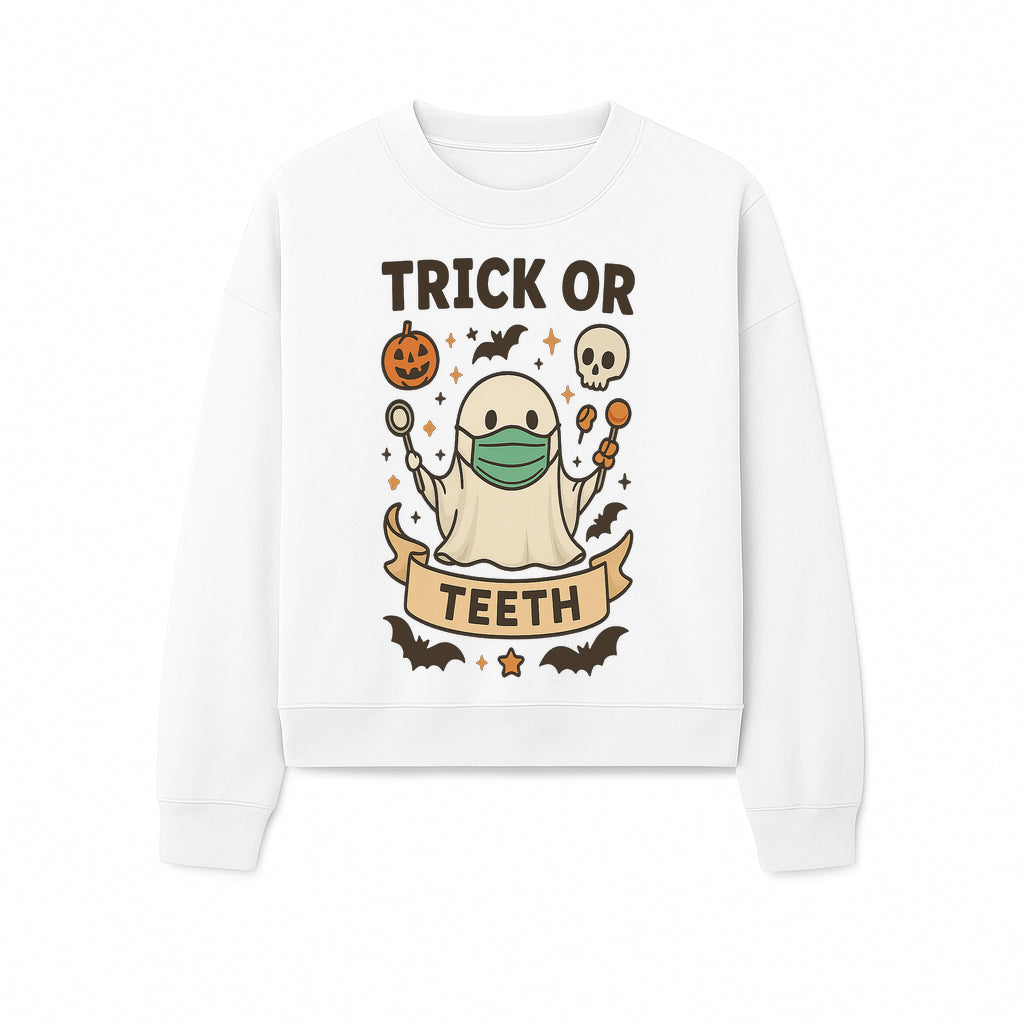 Trick or Teeth Ghost Halloween T-Shirt | Cute Spooky Design | Pumpkin & Skull Graphics | Perfect for Kids and Adults - Sweatshirt 1758250113069.jpg