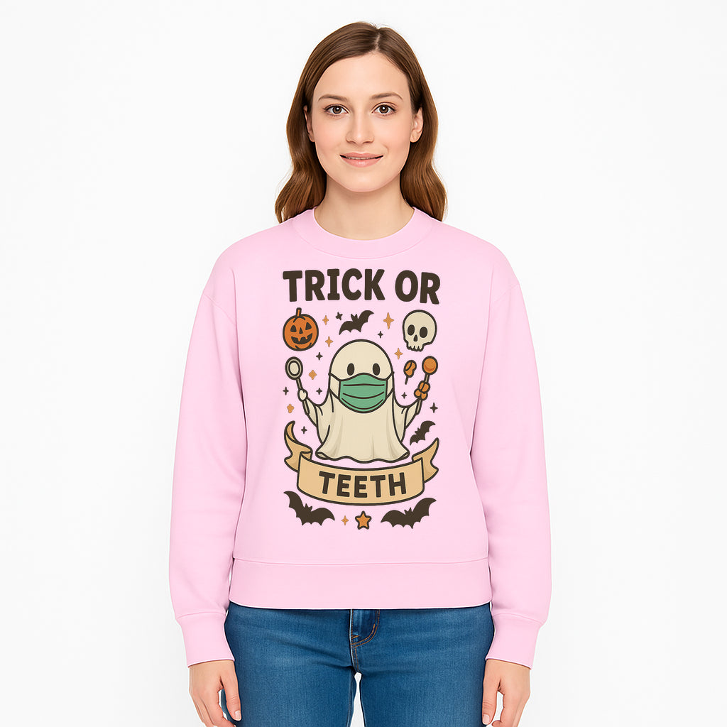 Trick or Teeth Ghost Halloween T-Shirt | Cute Spooky Design | Pumpkin & Skull Graphics | Perfect for Kids and Adults - Sweatshirt 1758250114401.jpg