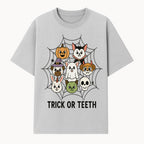 Cute Halloween Pet Characters in Spiderweb - Trick or Teeth Design for Kids' Apparel and Decor - T-shirt 1758250114533.jpg