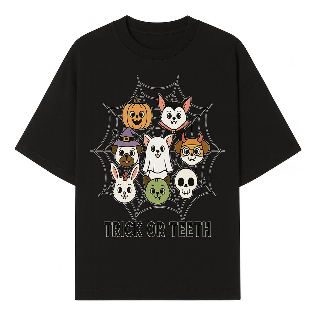 Cute Halloween Pet Characters in Spiderweb - Trick or Teeth Design for Kids' Apparel and Decor - T-shirt 1758250114684.jpg