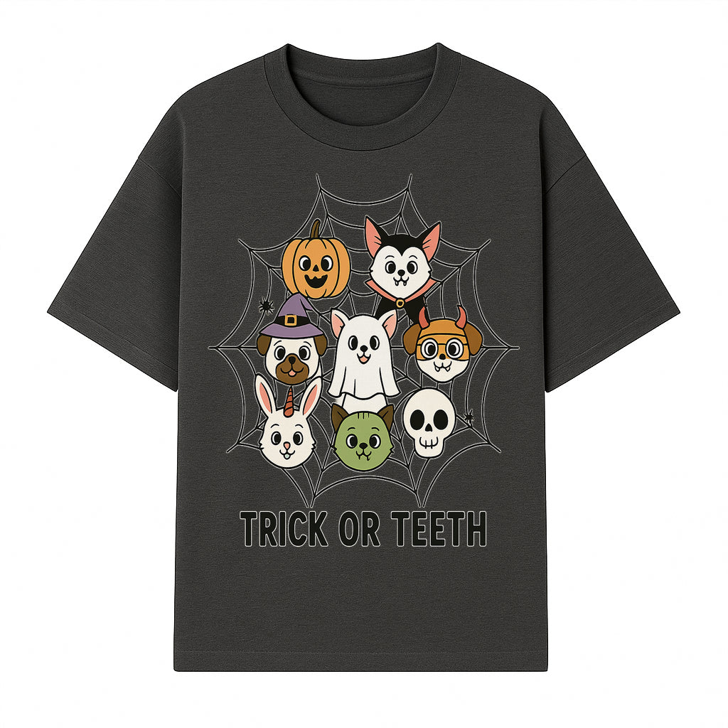 Cute Halloween Pet Characters in Spiderweb - Trick or Teeth Design for Kids' Apparel and Decor - T-shirt 1758250114864.jpg