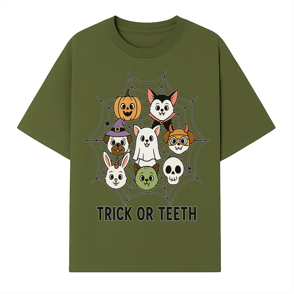 Cute Halloween Pet Characters in Spiderweb - Trick or Teeth Design for Kids' Apparel and Decor - T-shirt 1758250115014.jpg