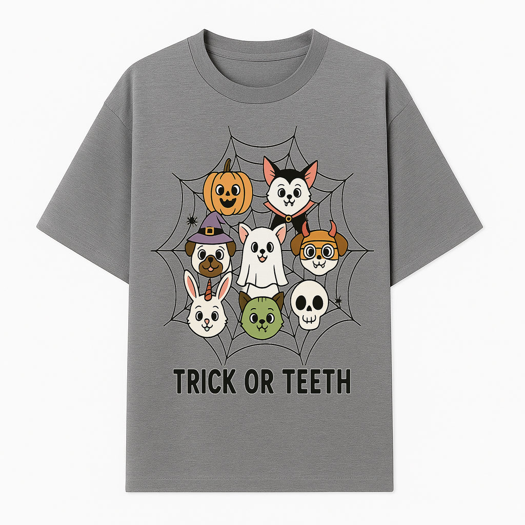 Cute Halloween Pet Characters in Spiderweb - Trick or Teeth Design for Kids' Apparel and Decor - T-shirt 1758250115164.jpg