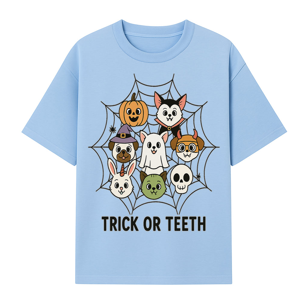 Cute Halloween Pet Characters in Spiderweb - Trick or Teeth Design for Kids' Apparel and Decor - T-shirt 1758250115311.jpg