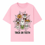 Cute Halloween Pet Characters in Spiderweb - Trick or Teeth Design for Kids' Apparel and Decor - T-shirt 1758250115473.jpg