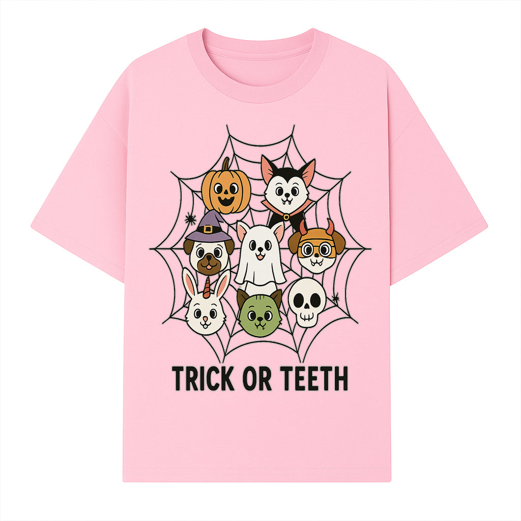 Cute Halloween Pet Characters in Spiderweb - Trick or Teeth Design for Kids' Apparel and Decor - T-shirt 1758250115473.jpg