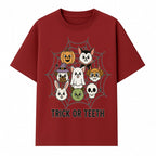 Cute Halloween Pet Characters in Spiderweb - Trick or Teeth Design for Kids' Apparel and Decor - T-shirt 1758250115631.jpg
