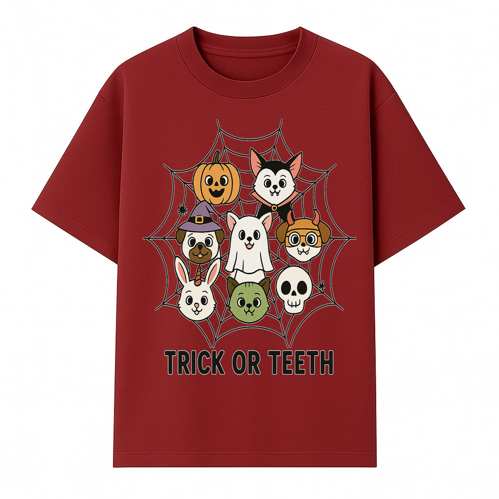Cute Halloween Pet Characters in Spiderweb - Trick or Teeth Design for Kids' Apparel and Decor - T-shirt 1758250115631.jpg