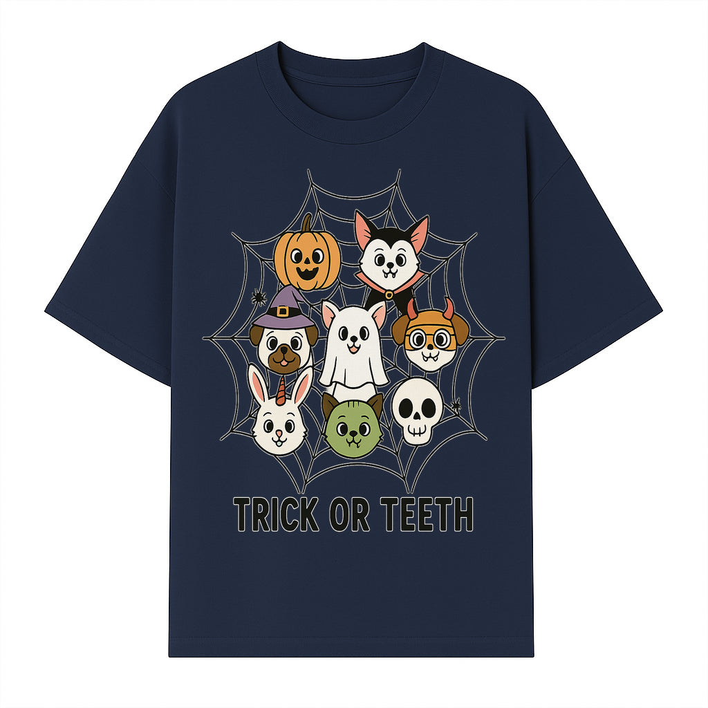 Cute Halloween Pet Characters in Spiderweb - Trick or Teeth Design for Kids' Apparel and Decor - T-shirt 1758250115794.jpg