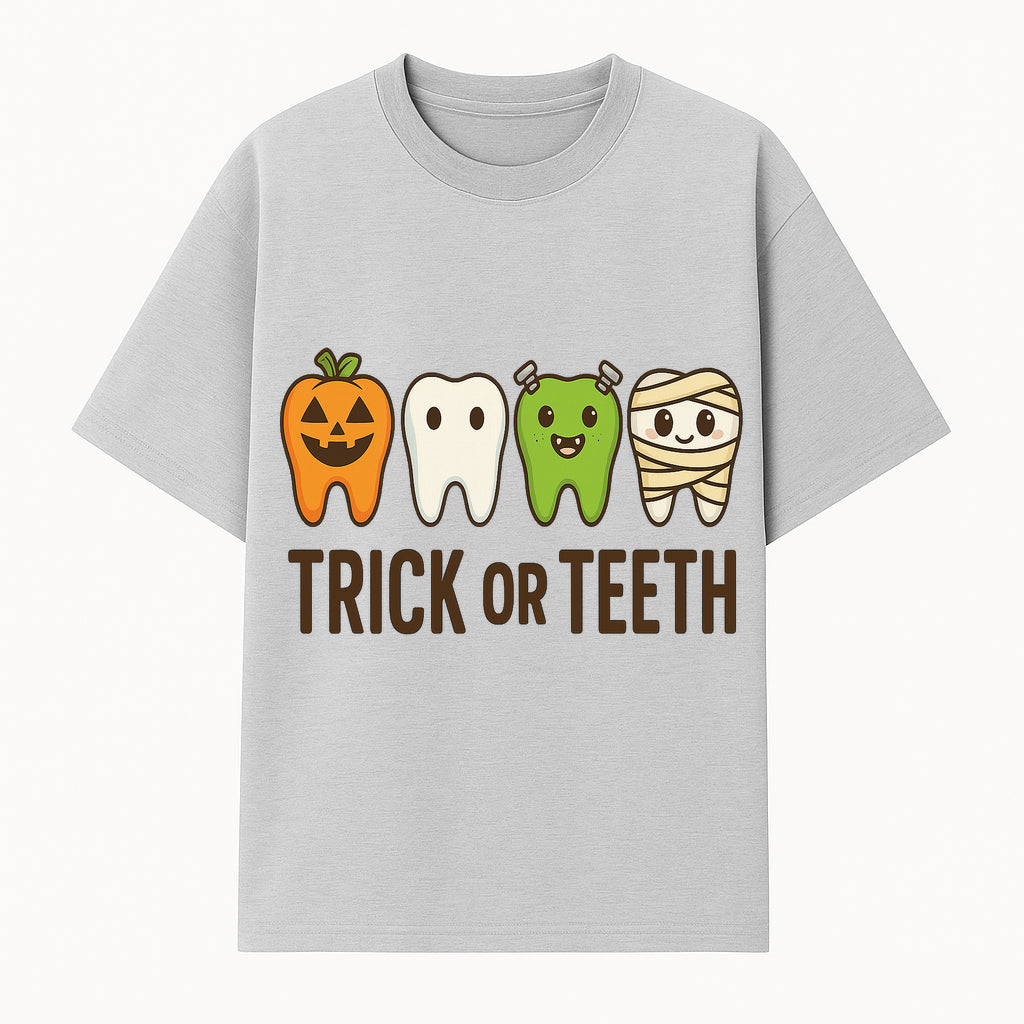 Cute Halloween Trick or Teeth Shirt with Pumpkin & Tooth Characters, Fun Kids' Costume Tee for Spooky Season - T-shirt 1758250115848.jpg