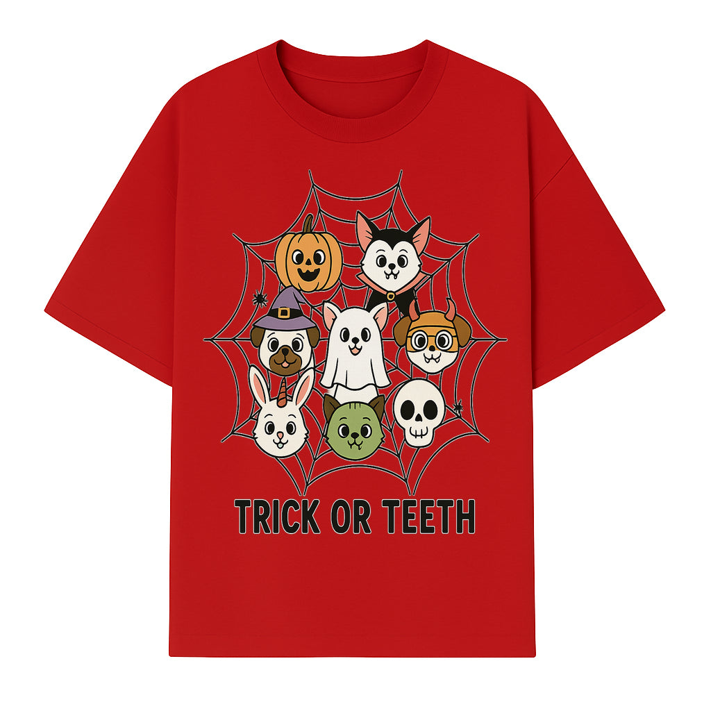 Cute Halloween Pet Characters in Spiderweb - Trick or Teeth Design for Kids' Apparel and Decor - T-shirt 1758250115945.jpg