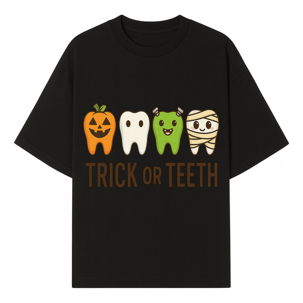 Cute Halloween Trick or Teeth Shirt with Pumpkin & Tooth Characters, Fun Kids' Costume Tee for Spooky Season - T-shirt 1758250116009.jpg