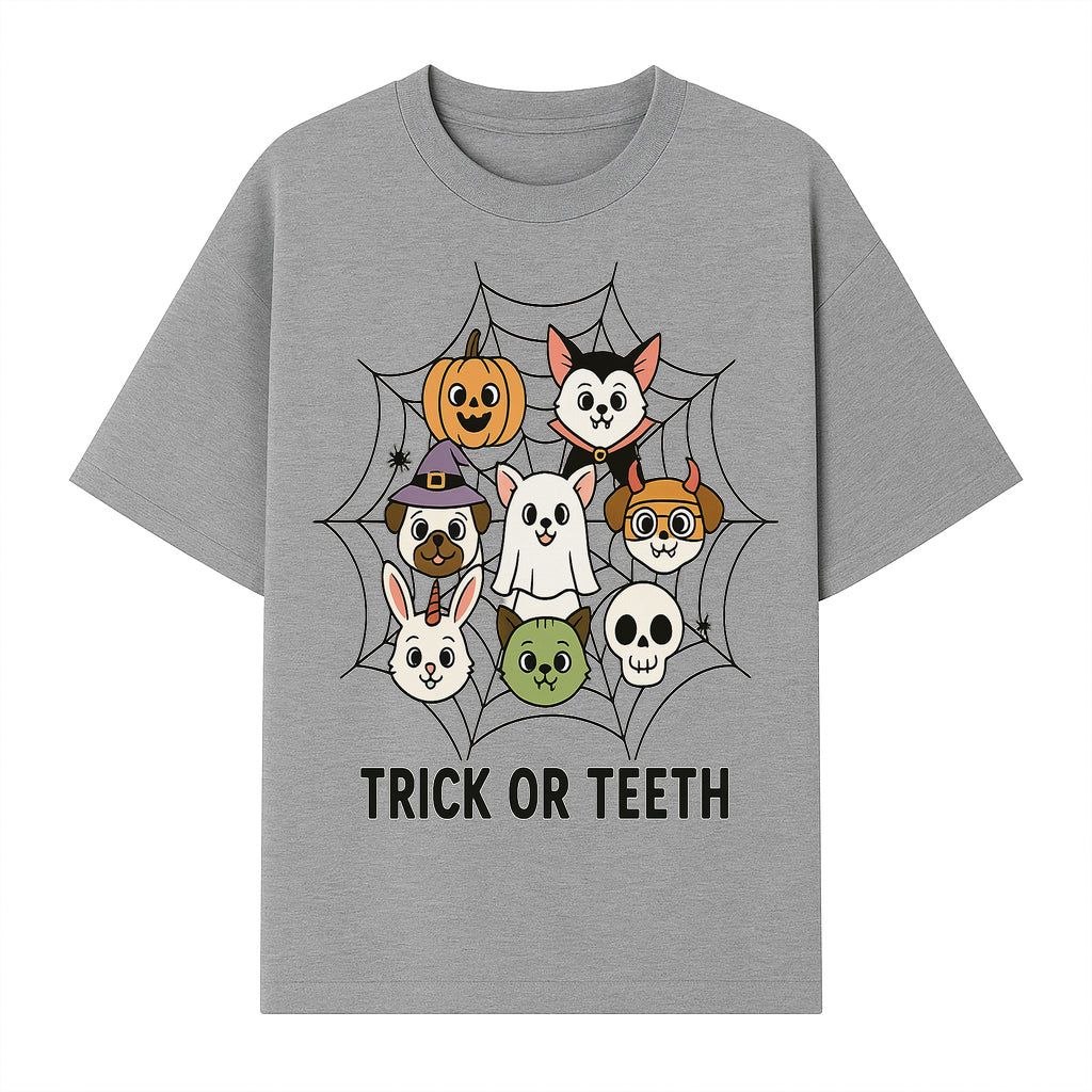 Cute Halloween Pet Characters in Spiderweb - Trick or Teeth Design for Kids' Apparel and Decor - T-shirt 1758250116107.jpg