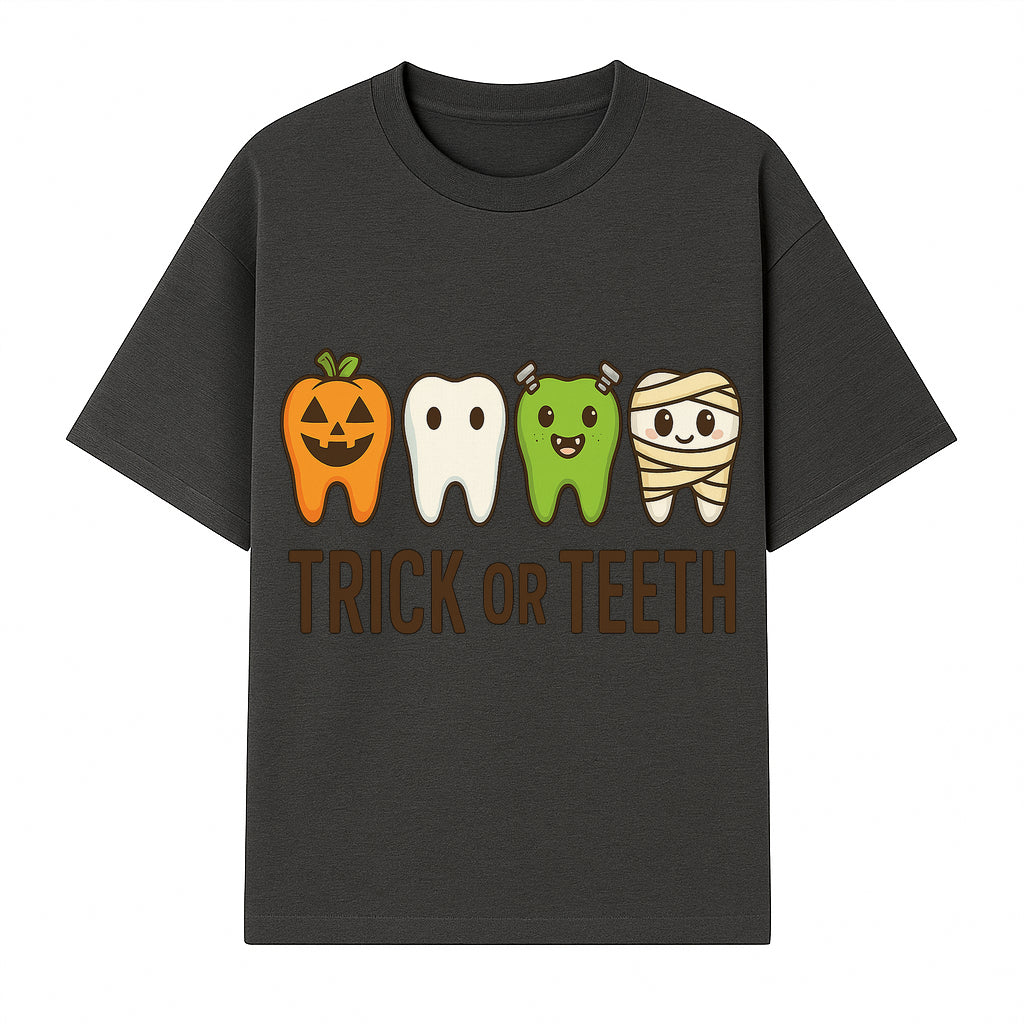 Cute Halloween Trick or Teeth Shirt with Pumpkin & Tooth Characters, Fun Kids' Costume Tee for Spooky Season - T-shirt 1758250116145.jpg