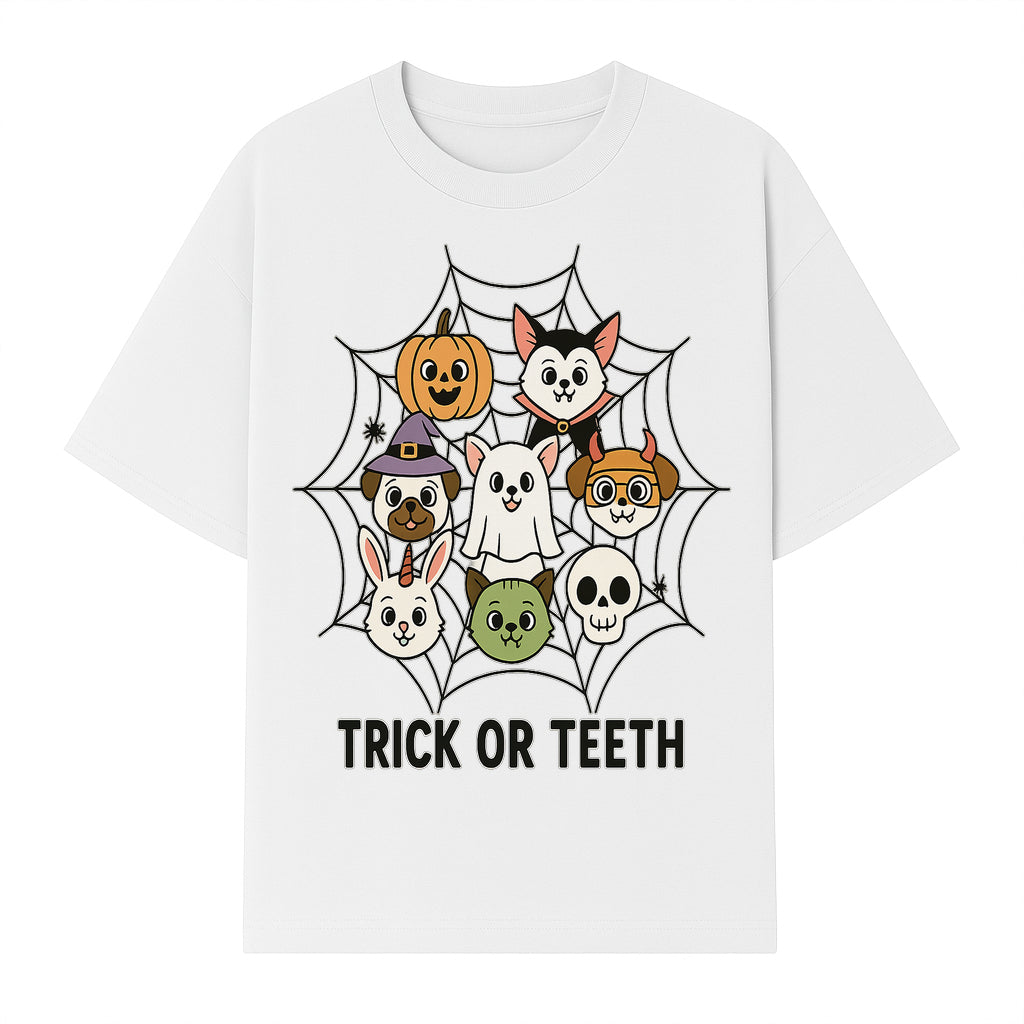 Cute Halloween Pet Characters in Spiderweb - Trick or Teeth Design for Kids' Apparel and Decor - T-shirt 1758250116294.jpg