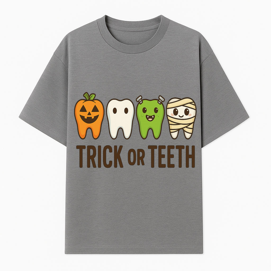 Cute Halloween Trick or Teeth Shirt with Pumpkin & Tooth Characters, Fun Kids' Costume Tee for Spooky Season - T-shirt 1758250116453.jpg