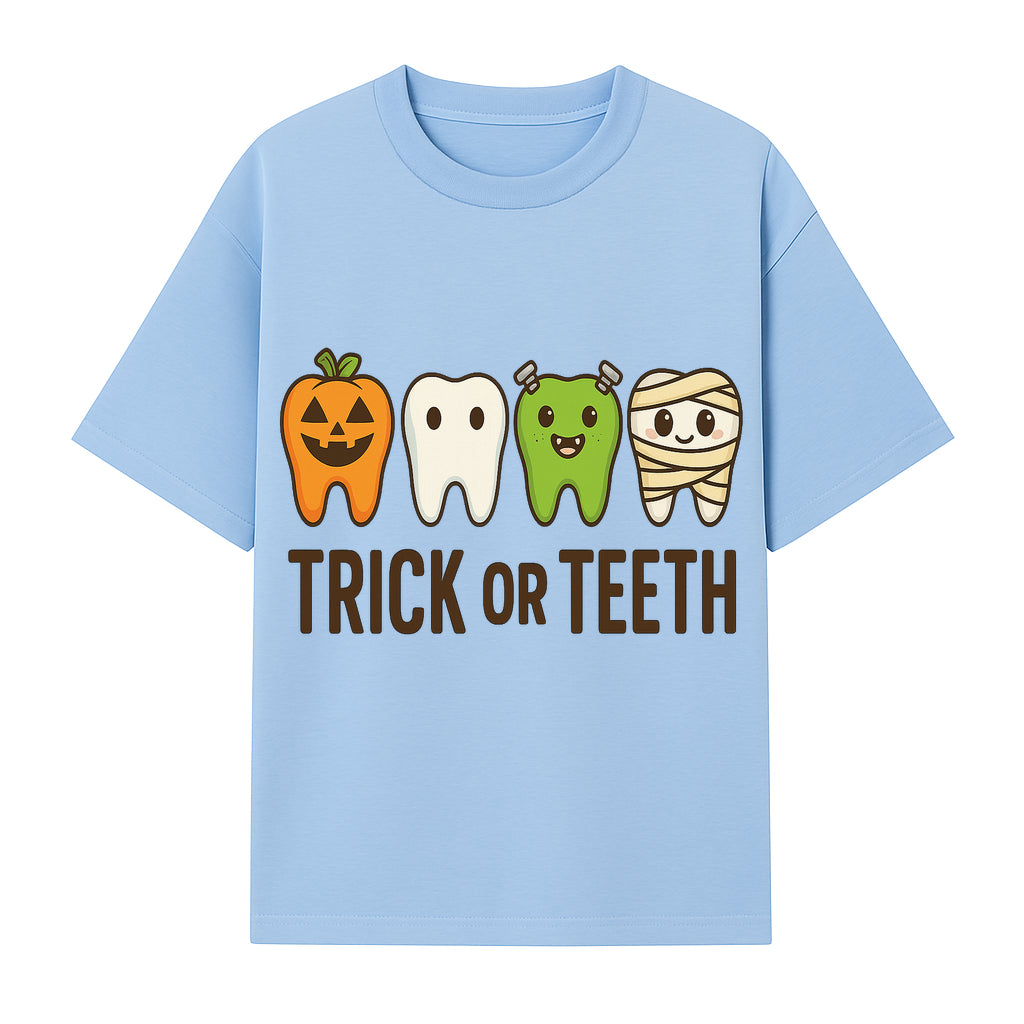 Cute Halloween Trick or Teeth Shirt with Pumpkin & Tooth Characters, Fun Kids' Costume Tee for Spooky Season - T-shirt 1758250116612.jpg