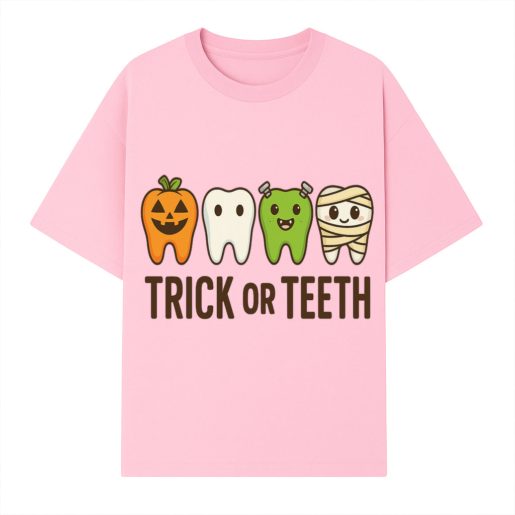Cute Halloween Trick or Teeth Shirt with Pumpkin & Tooth Characters, Fun Kids' Costume Tee for Spooky Season - T-shirt 1758250116732.jpg