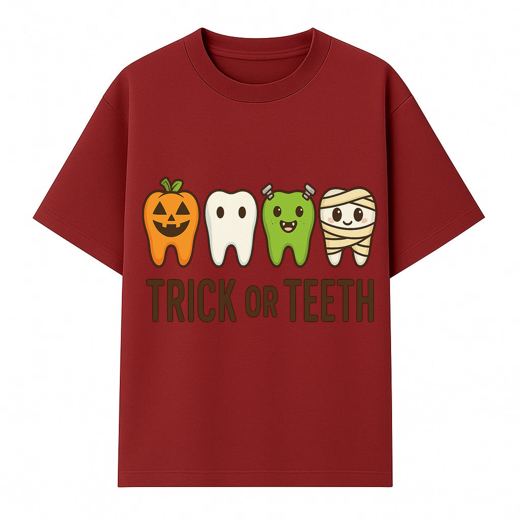 Cute Halloween Trick or Teeth Shirt with Pumpkin & Tooth Characters, Fun Kids' Costume Tee for Spooky Season - T-shirt 1758250116880.jpg
