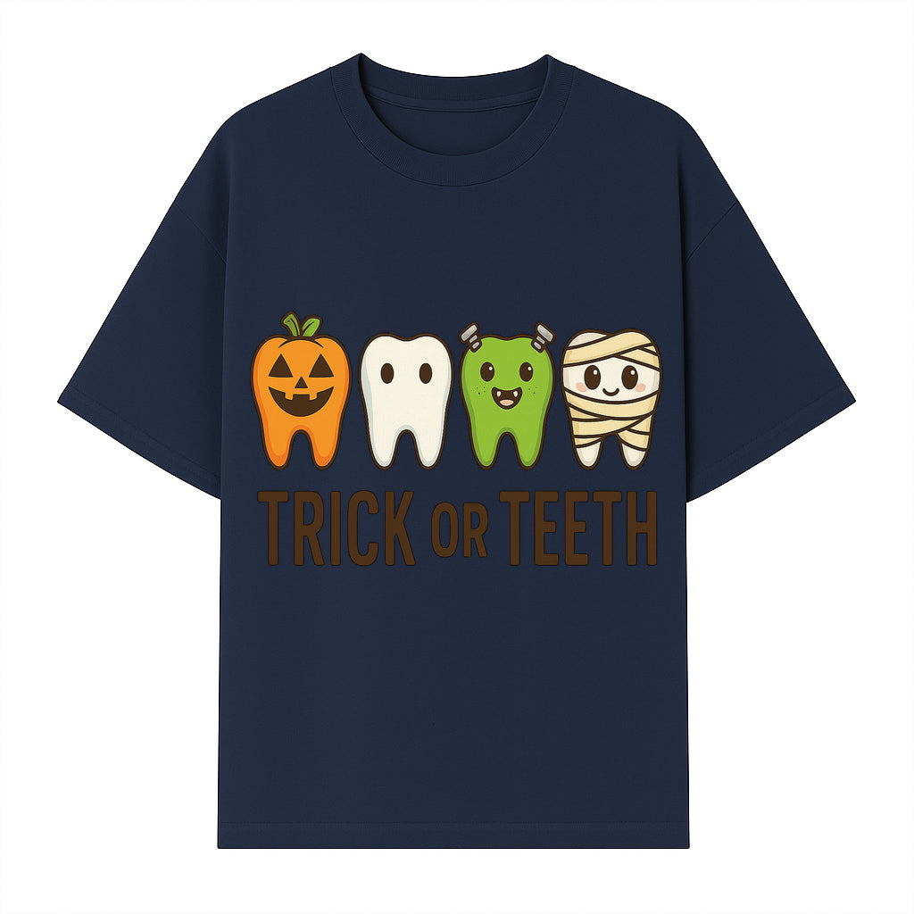 Cute Halloween Trick or Teeth Shirt with Pumpkin & Tooth Characters, Fun Kids' Costume Tee for Spooky Season - T-shirt 1758250116995.jpg