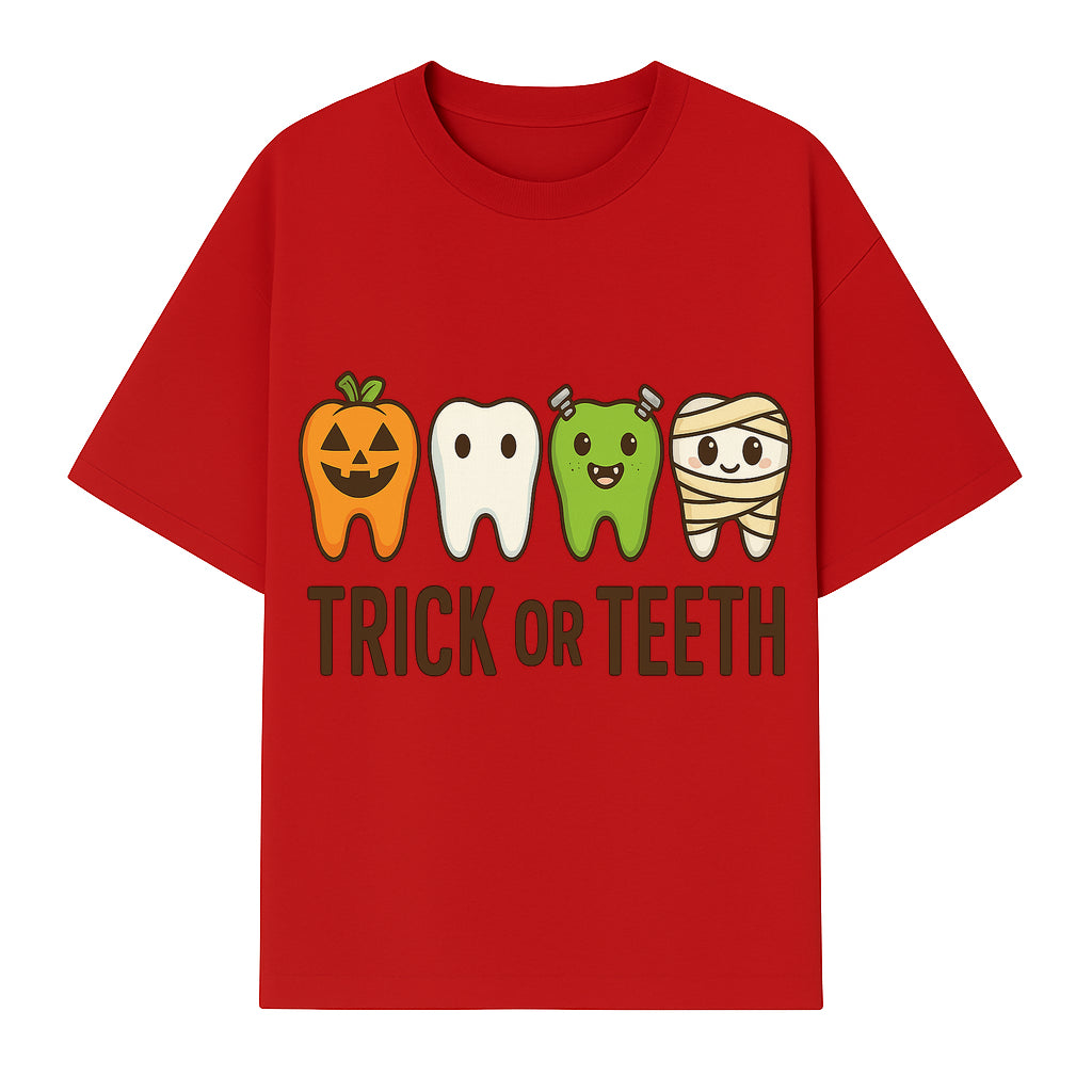 Cute Halloween Trick or Teeth Shirt with Pumpkin & Tooth Characters, Fun Kids' Costume Tee for Spooky Season - T-shirt 1758250117140.jpg