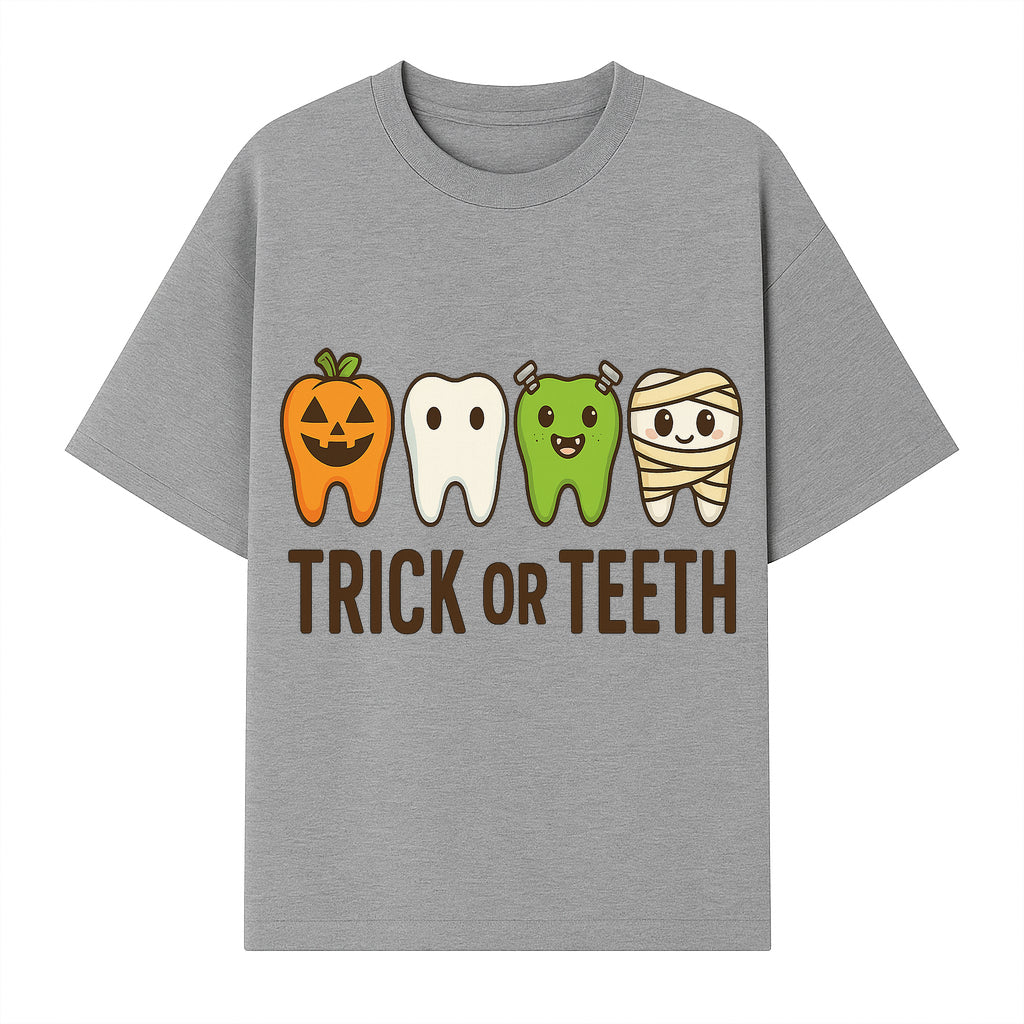 Cute Halloween Trick or Teeth Shirt with Pumpkin & Tooth Characters, Fun Kids' Costume Tee for Spooky Season - T-shirt 1758250117285.jpg