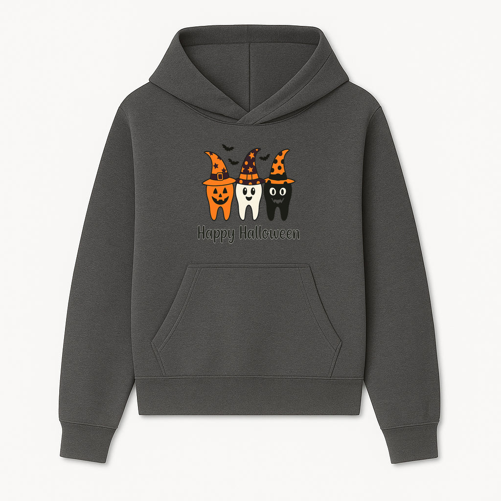 Happy Halloween Dental Art Print - Cute Candy Corn Teeth with Witch Hats - Halloween Decor for Kids' Rooms or Parties - Hoodie 1758250117323.jpg