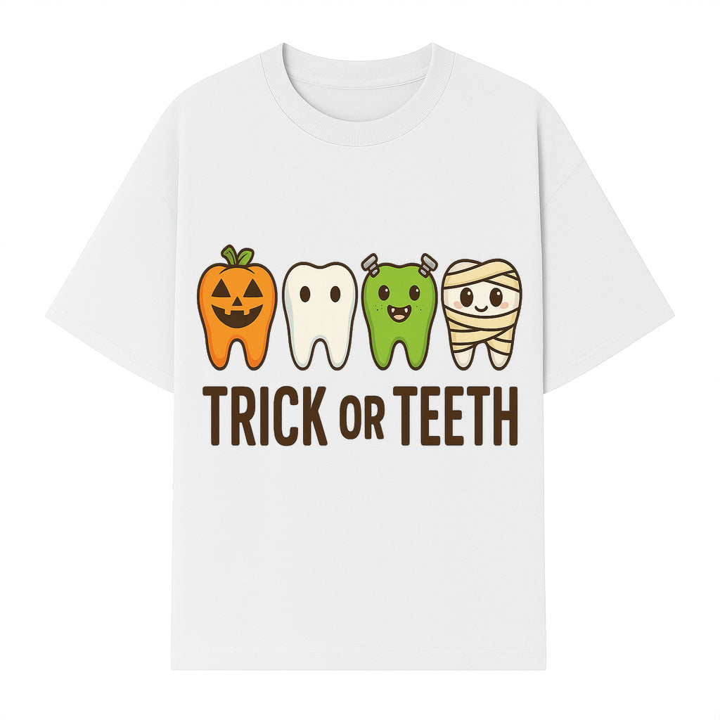 Cute Halloween Trick or Teeth Shirt with Pumpkin & Tooth Characters, Fun Kids' Costume Tee for Spooky Season - T-shirt 1758250117406.jpg