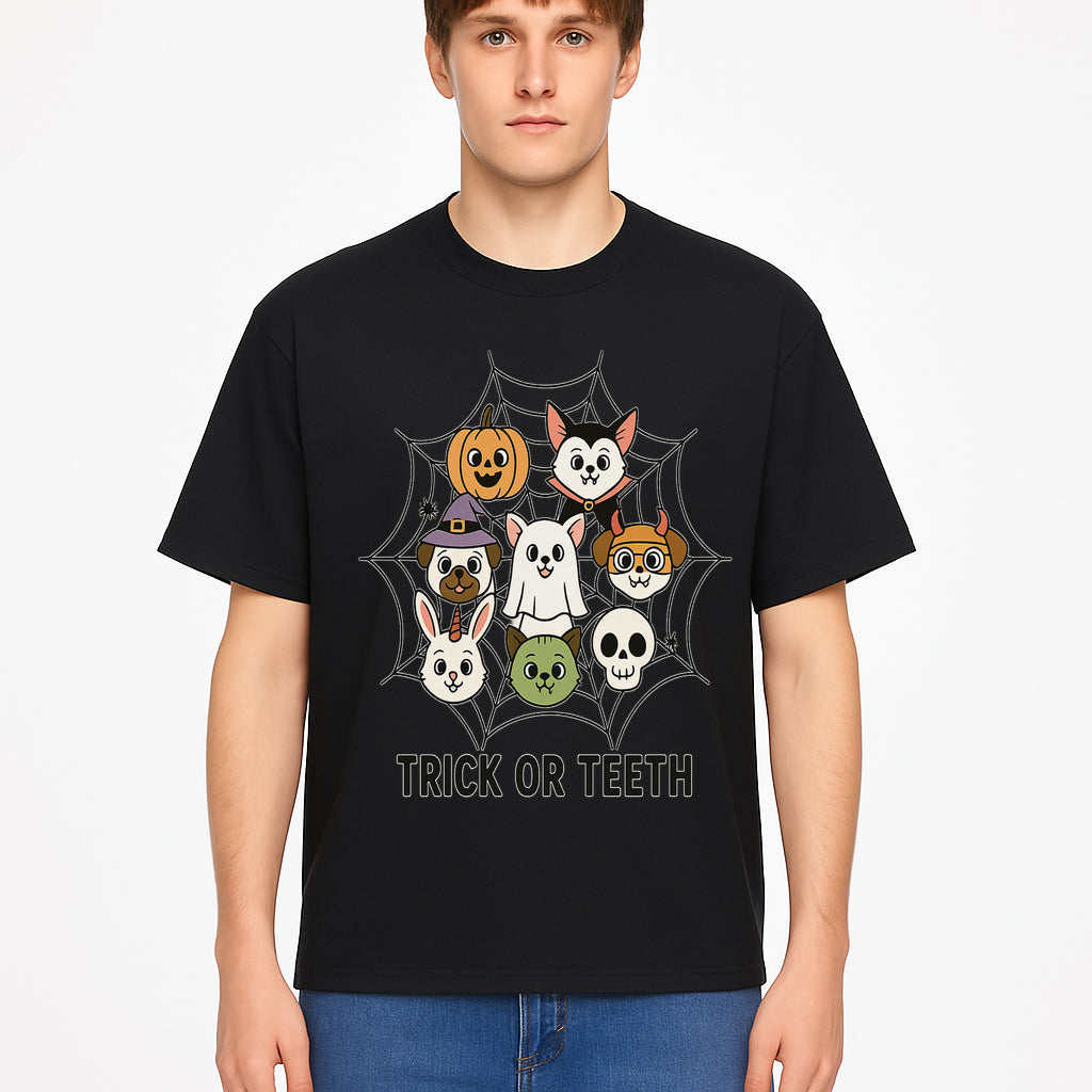 Cute Halloween Pet Characters in Spiderweb - Trick or Teeth Design for Kids' Apparel and Decor - T-shirt 1758250117425.jpg