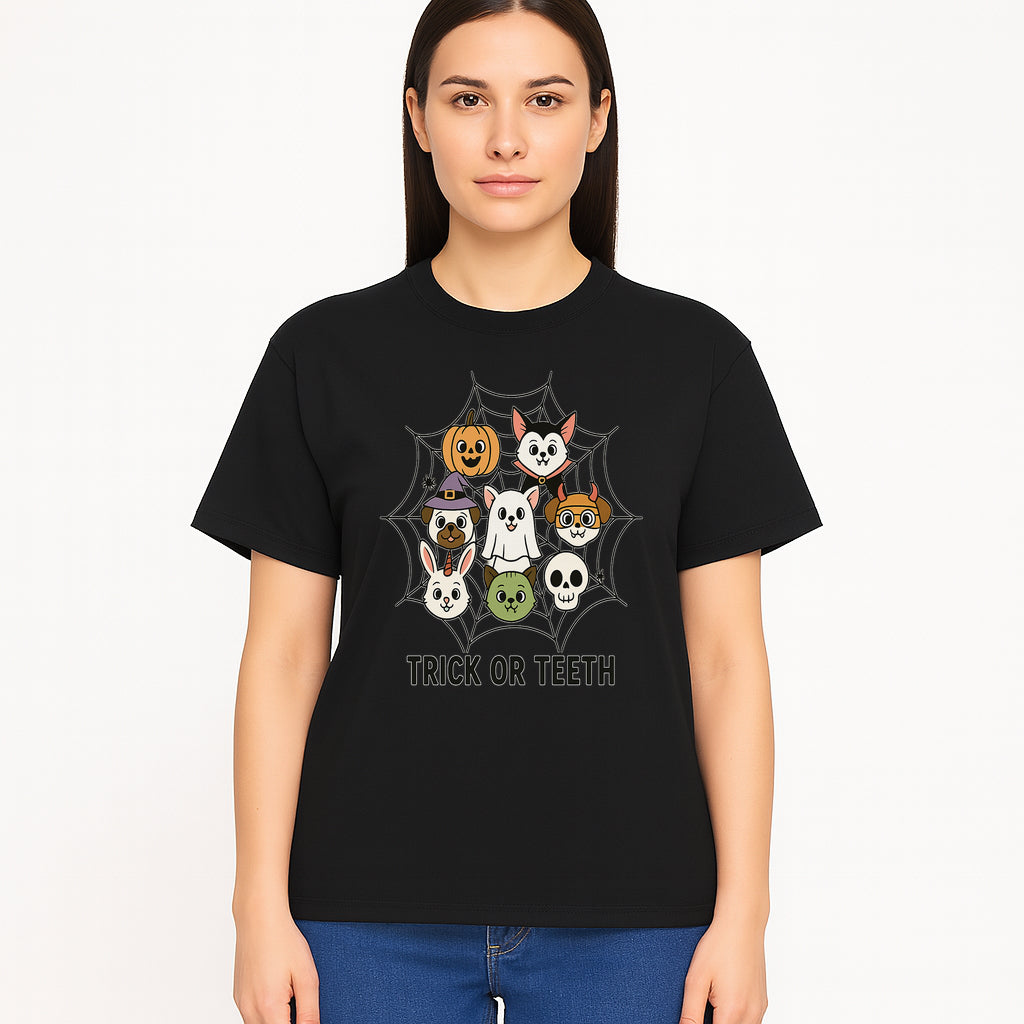 Cute Halloween Pet Characters in Spiderweb - Trick or Teeth Design for Kids' Apparel and Decor - T-shirt 1758250117579.jpg