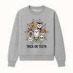 Cute Halloween Pet Characters in Spiderweb - Trick or Teeth Design for Kids' Apparel and Decor - Sweatshirt 1758250117725.jpg