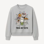 Cute Halloween Pet Characters in Spiderweb - Trick or Teeth Design for Kids' Apparel and Decor - Sweatshirt 1758250118351.jpg