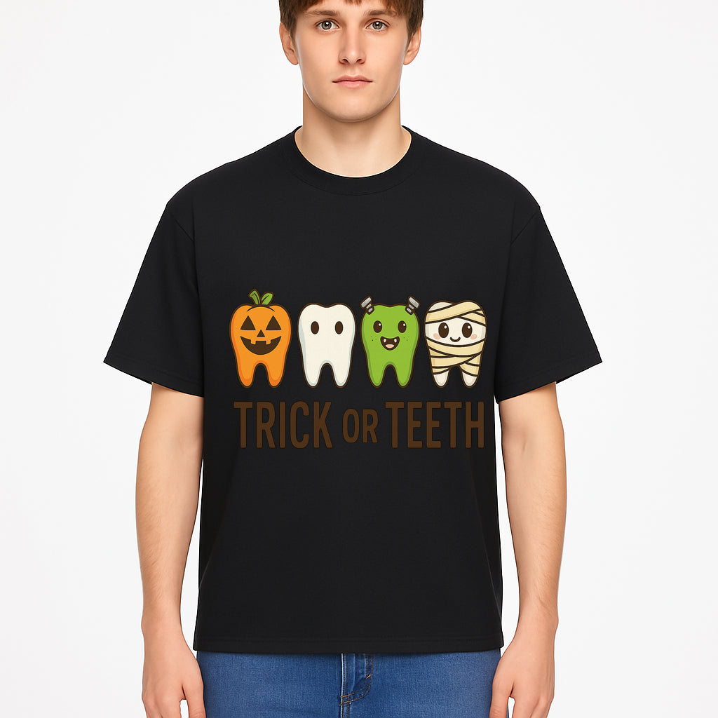 Cute Halloween Trick or Teeth Shirt with Pumpkin & Tooth Characters, Fun Kids' Costume Tee for Spooky Season - T-shirt 1758250118534.jpg