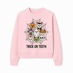 Cute Halloween Pet Characters in Spiderweb - Trick or Teeth Design for Kids' Apparel and Decor - Sweatshirt 1758250118640.jpg