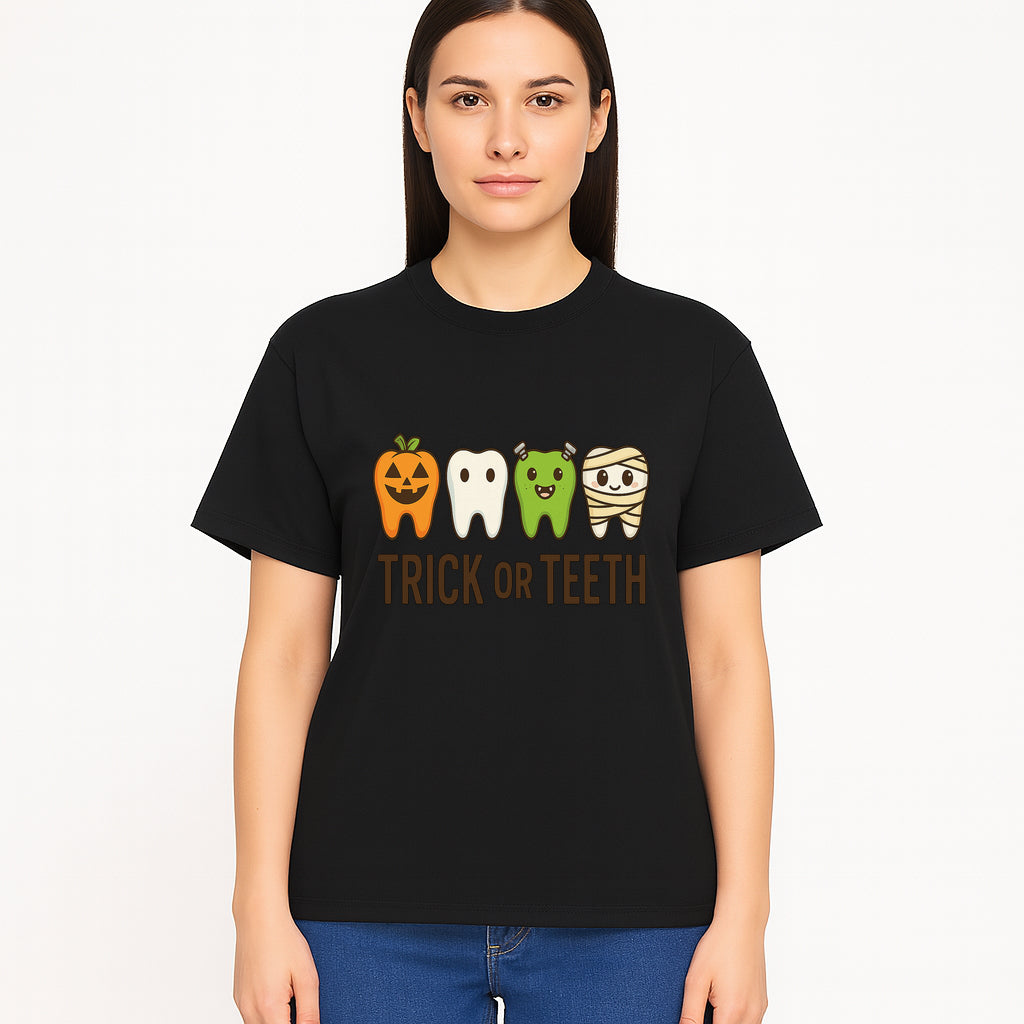 Cute Halloween Trick or Teeth Shirt with Pumpkin & Tooth Characters, Fun Kids' Costume Tee for Spooky Season - T-shirt 1758250118702.jpg