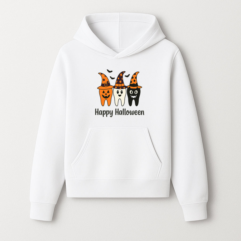 Happy Halloween Dental Art Print - Cute Candy Corn Teeth with Witch Hats - Halloween Decor for Kids' Rooms or Parties - Hoodie 1758250118714.jpg