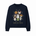 Cute Halloween Pet Characters in Spiderweb - Trick or Teeth Design for Kids' Apparel and Decor - Sweatshirt 1758250118903.jpg