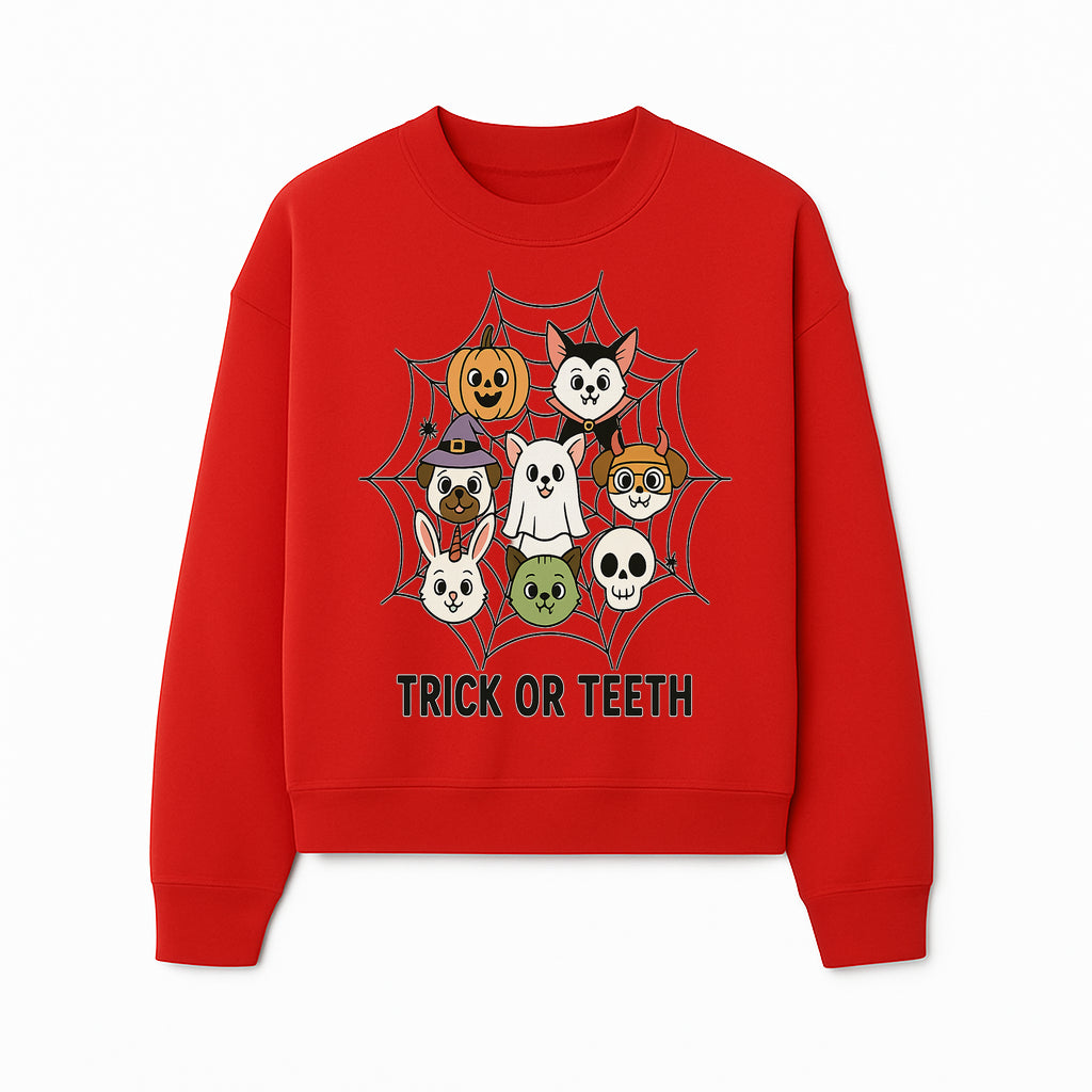 Cute Halloween Pet Characters in Spiderweb - Trick or Teeth Design for Kids' Apparel and Decor - Sweatshirt 1758250119044.jpg