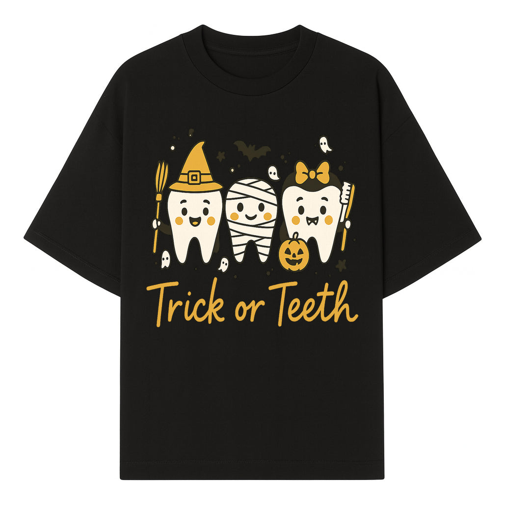 Halloween Trick or Teeth Tooth Fairy Kids T-Shirt, Cute Tooth Characters with Pumpkin, Spooky Ghosts, Fun Dental Theme for Children - T-shirt 1758250119343.jpg