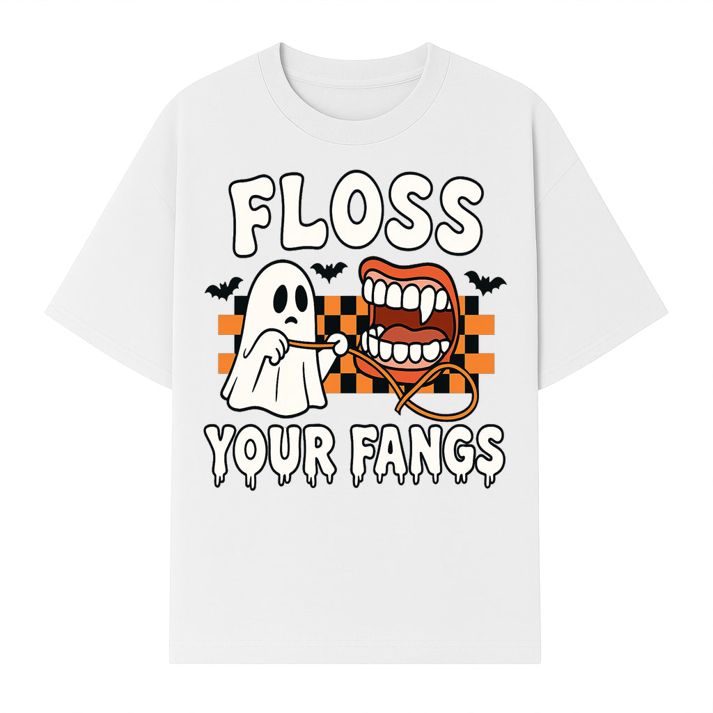 Halloween Ghost Dental Care T-Shirt - Floss Your Fangs Funny Costume Tee for Kids and Adults - T-shirt 1758250119355.jpg