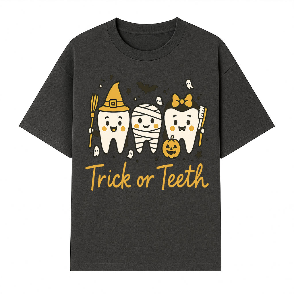 Halloween Trick or Teeth Tooth Fairy Kids T-Shirt, Cute Tooth Characters with Pumpkin, Spooky Ghosts, Fun Dental Theme for Children - T-shirt 1758250119497.jpg