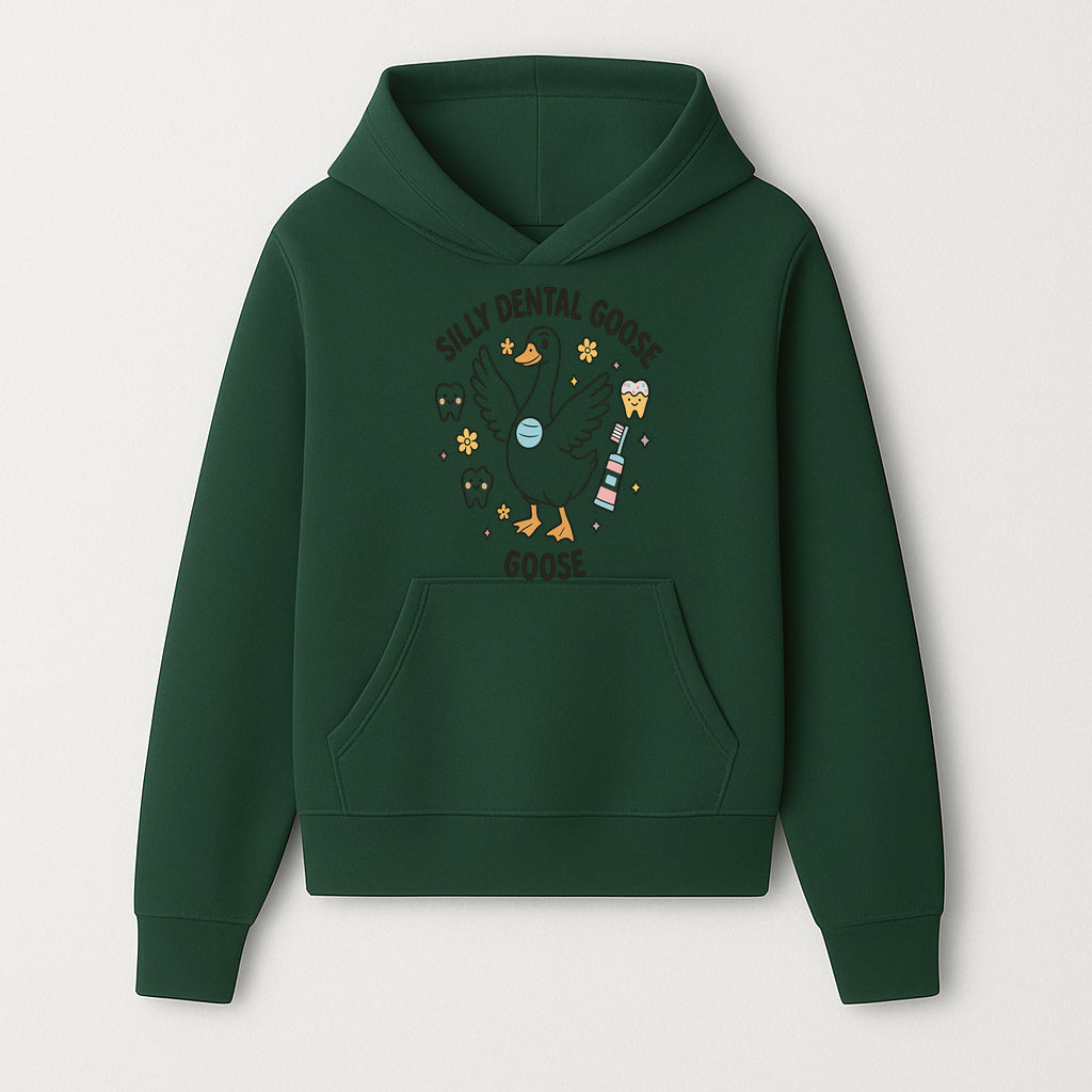 Silly Dental Goose Graphic Tee for Kids - Cute Toothbrush & Teeth Design, Fun Animal Apparel for Children's Dental Hygiene Awareness - Hoodie 1758250119498.jpg